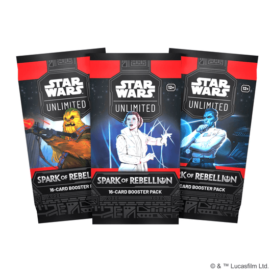 Three packs of Star Wars Unlimited card booster packs. Each depicts a different character: Chewbacca, Princess Leia, and Grand Admiral Thrawn. The packs have black, red, and white colors.