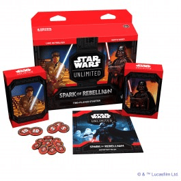 Here are some descriptive alt tags for the product image:

*   Star Wars Unlimited: Spark of Rebellion two-player starter set box with cards featuring Luke Skywalker and Darth Vader.
*   Red starter box for Star Wars Unlimited: Spark of Rebellion game, with card decks, tokens, and rulebook.
*   Star Wars Unlimited starter set featuring Luke Skywalker and Darth Vader, including card decks, tokens, and instructions.
