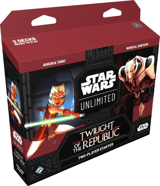 Box for a "Star Wars Unlimited: Twilight of the Republic Two-Player Starter" card game.