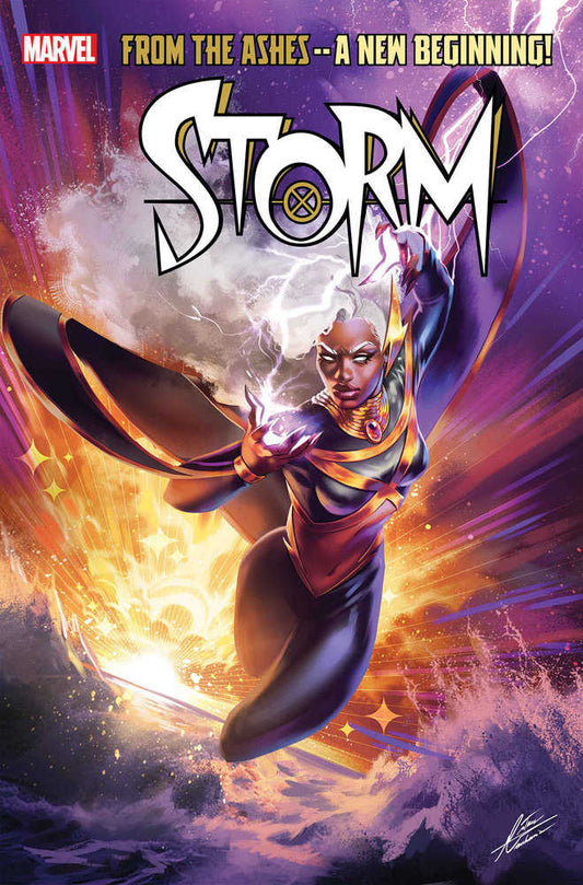 Comic book cover featuring Storm in her classic black and gold suit, wielding lightning in a dynamic pose, with the title "Storm" in bold white letters.