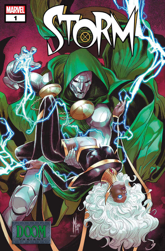 Comic book cover with Storm held by Doctor Doom amidst lightning.