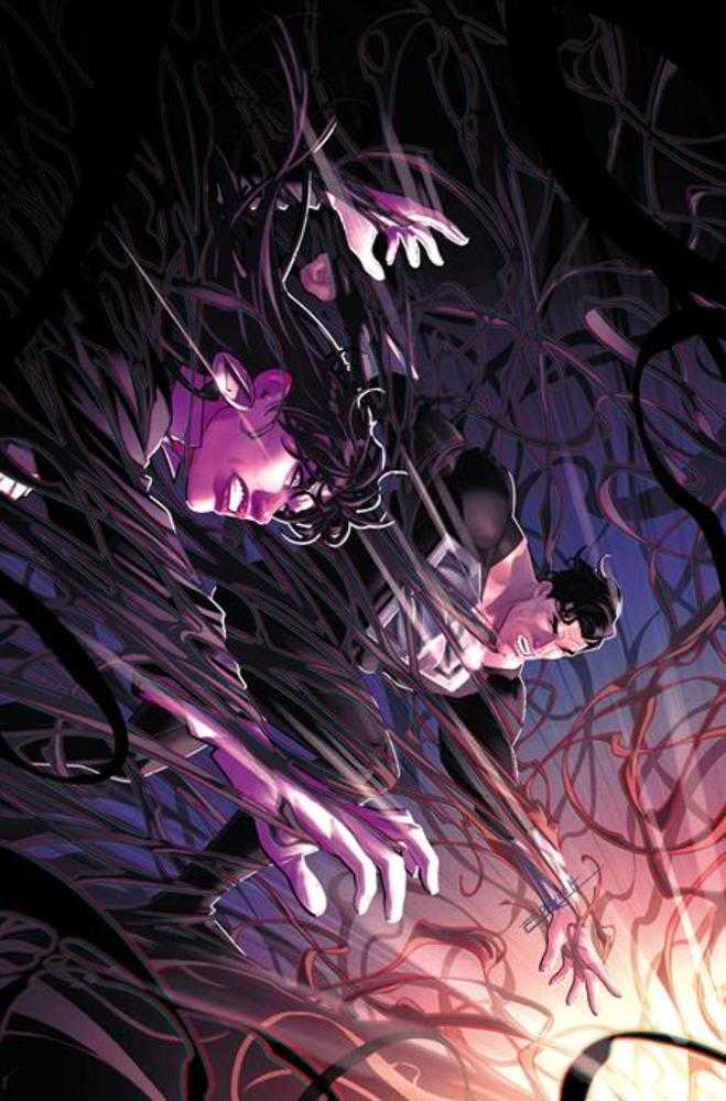 Comic book illustration featuring two figures encased in tendrils against a dark, textured backdrop, with a glow at the bottom.