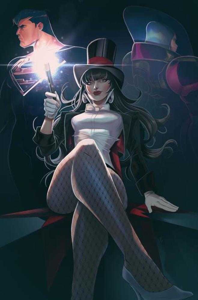 Comic book art featuring Zatanna holding a wand, with Superman and a figure in armor behind her. She's wearing a white top, black jacket, fishnet stockings, high heels, and a top hat.
