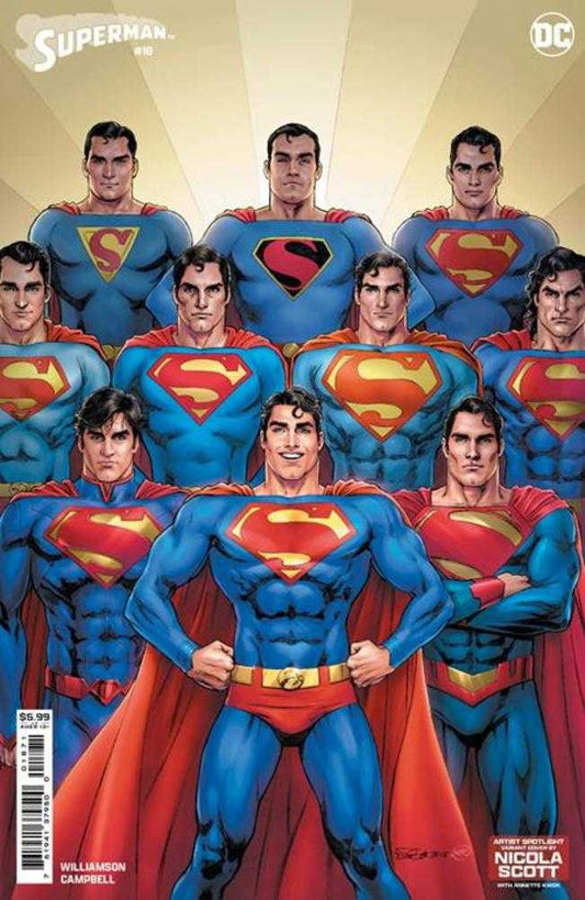 Comic book cover featuring 11 Supermen in various suits against a tan background.

