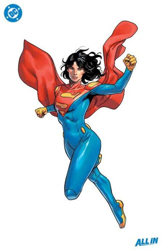 Female superhero in flight, wearing a blue and red suit with a cape.