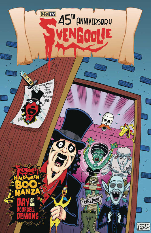 Cartoon illustration of Svengoolie's 45th-anniversary Halloween Boo-Nanza in a comic book style.
