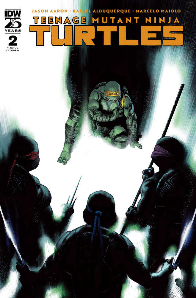 Comic book cover featuring four shadowy Teenage Mutant Ninja Turtles and Michelangelo.