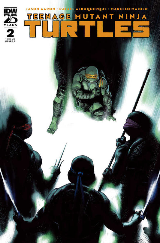 Comic book cover featuring four shadowy Teenage Mutant Ninja Turtles and Michelangelo.