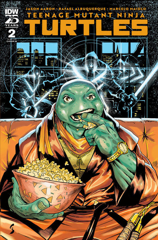 Comic book cover featuring a Teenage Mutant Ninja Turtle eating popcorn while lounging, with other turtles and a city skyline in the background.