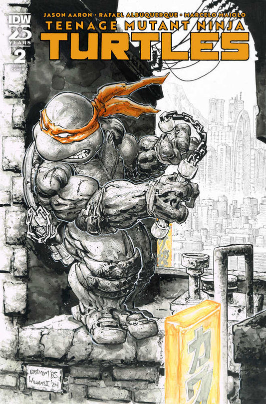 Comic book cover featuring a Teenage Mutant Ninja Turtle with an orange bandana, breaking chains, set against a cityscape.