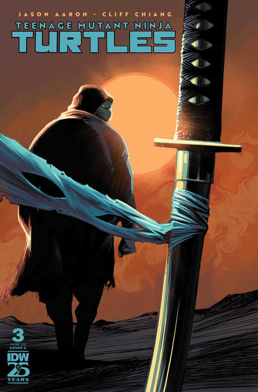 Comic book cover: Teenage Mutant Ninja Turtle, katana, orange backdrop.
