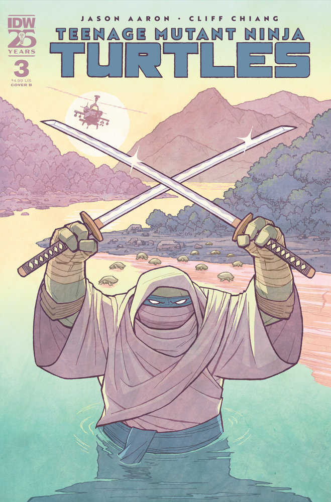 Comic book cover featuring a Teenage Mutant Ninja Turtle with crossed swords in front of a mountain landscape.
