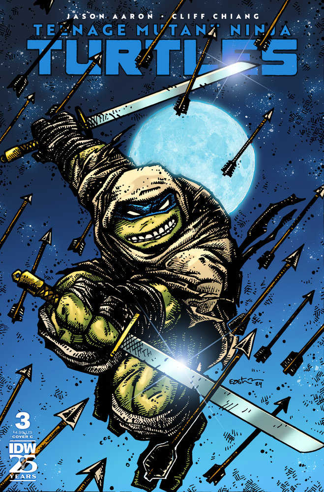 Comic book cover featuring Leonardo of the Teenage Mutant Ninja Turtles in a hooded cloak, surrounded by arrows, with a full moon in the background.