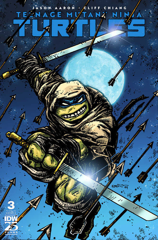 Comic book cover featuring Leonardo of the Teenage Mutant Ninja Turtles in a hooded cloak, surrounded by arrows, with a full moon in the background.