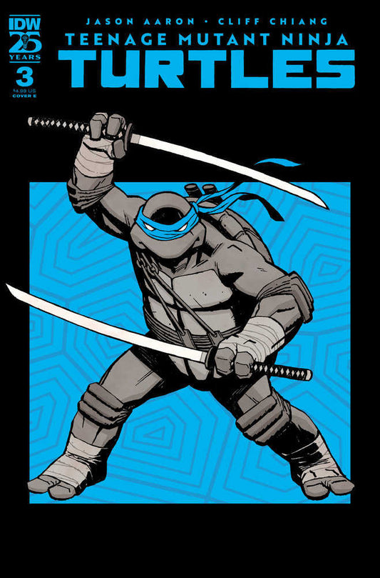 Teenage Mutant Ninja Turtles comic book cover. Leonardo with katanas, blue bandana.