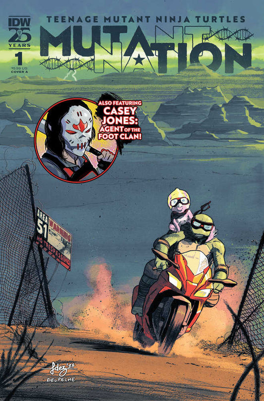 Comic book cover featuring Teenage Mutant Ninja Turtles on a motorcycle, Casey Jones portrait, and Area 51 warning sign.