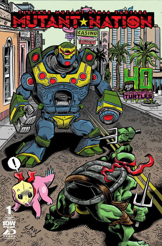 Comic book cover: "Teenage Mutant Ninja Turtles: Mutant Nation," featuring a large robot looming over a downed turtle with a red bandana, a small pink creature with an exclamation mark above it, and a cityscape backdrop with palm trees and casino signs.