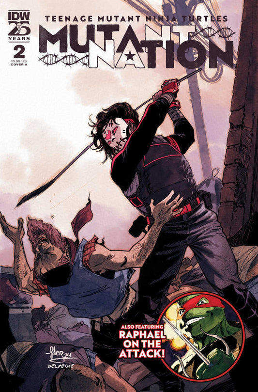 Comic book cover featuring a character with a mask holding a weapon, attacking another character.
