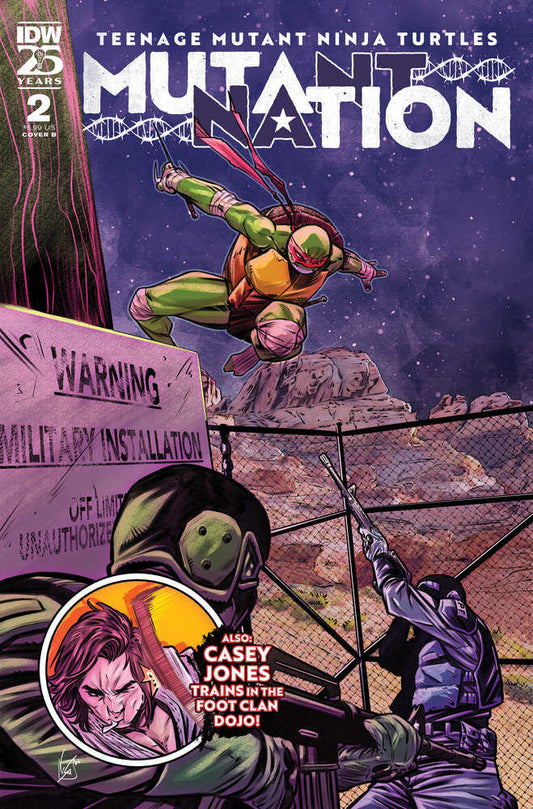 Comic book cover with a Teenage Mutant Ninja Turtle leaping, soldiers with guns, and a "Warning: Military Installation" sign.