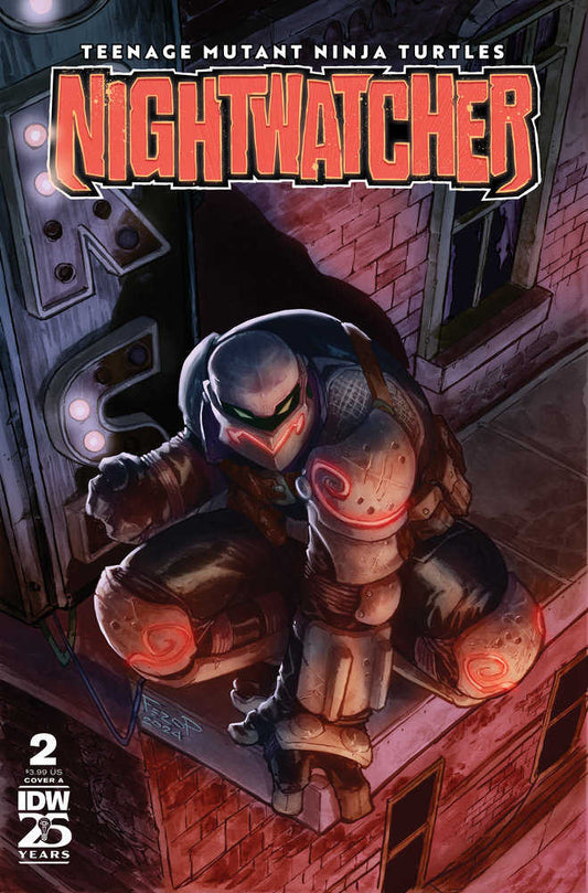 Comic book cover of Teenage Mutant Ninja Turtles: Nightwatcher issue #2, featuring a dark armored figure crouched on a rooftop.