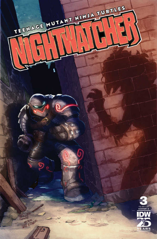 Comic book cover featuring Teenage Mutant Ninja Turtles Nightwatcher character in dark armor with red accents in a dimly lit alleyway with a shadow figure.