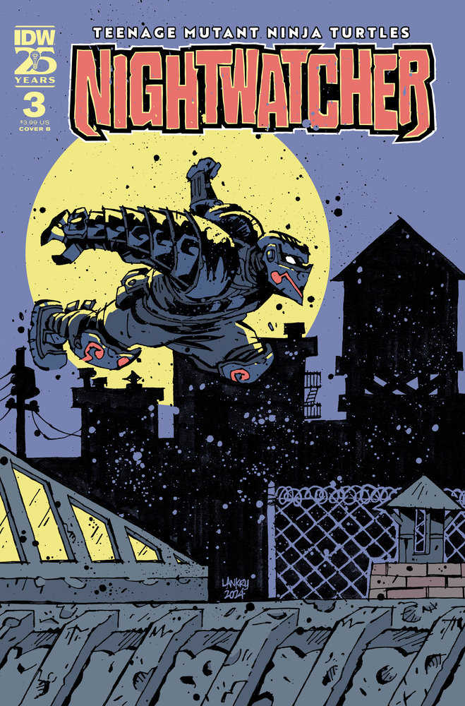 Comic book cover featuring the Teenage Mutant Ninja Turtles Nightwatcher with the character leaping in front of a yellow moon with a cityscape below.