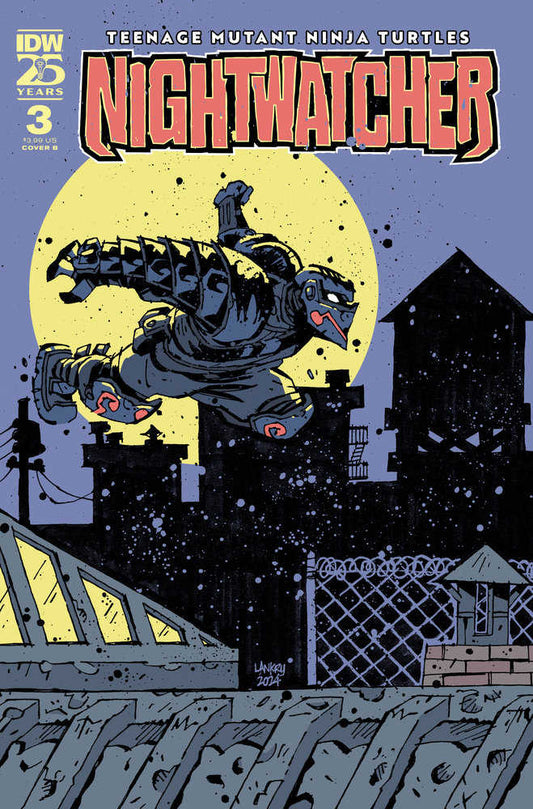 Comic book cover featuring the Teenage Mutant Ninja Turtles Nightwatcher with the character leaping in front of a yellow moon with a cityscape below.