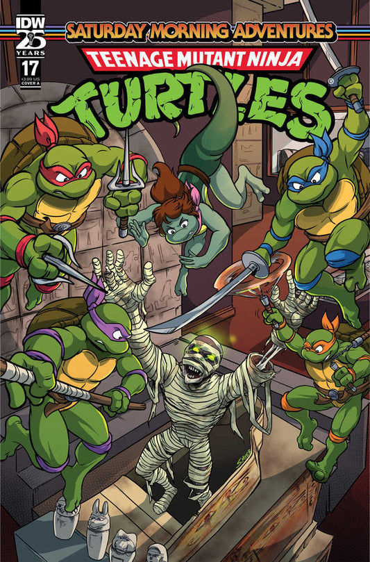 Comic book cover: Teenage Mutant Ninja Turtles confronting a mummy.