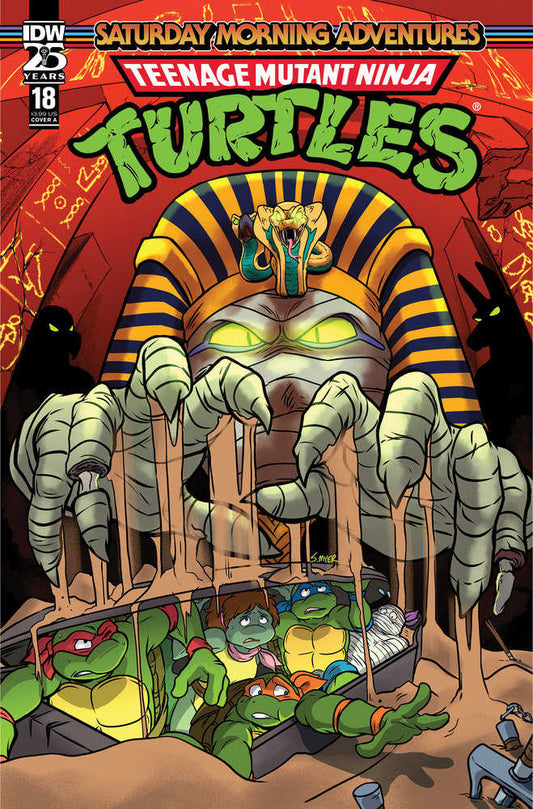 Comic book cover featuring the Teenage Mutant Ninja Turtles trapped in a box under a mummy's hands.