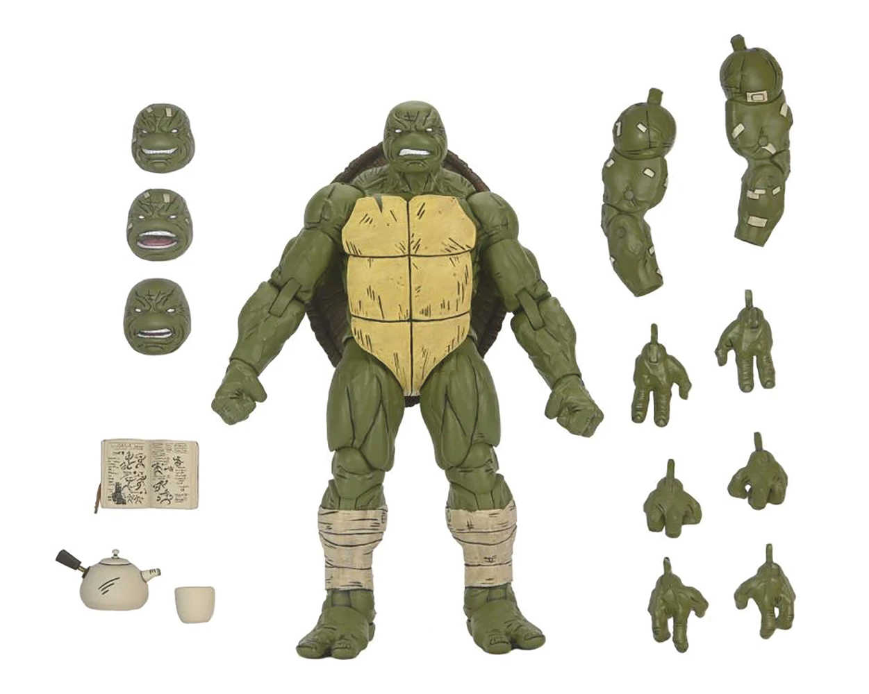 Product shot of a Teenage Mutant Ninja Turtles action figure and accessories, including interchangeable faces, hands, arms, a tea set, and a book, all against a white background.