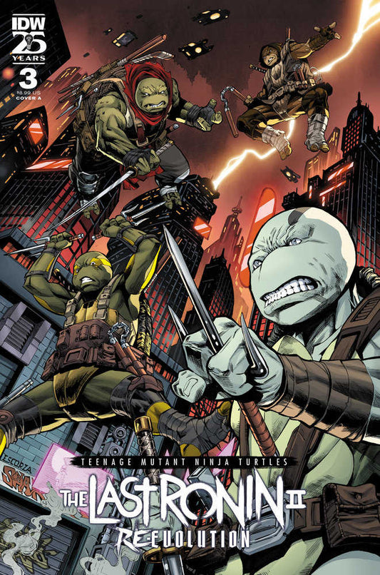 Comic book cover featuring four Teenage Mutant Ninja Turtles in action against a city backdrop.