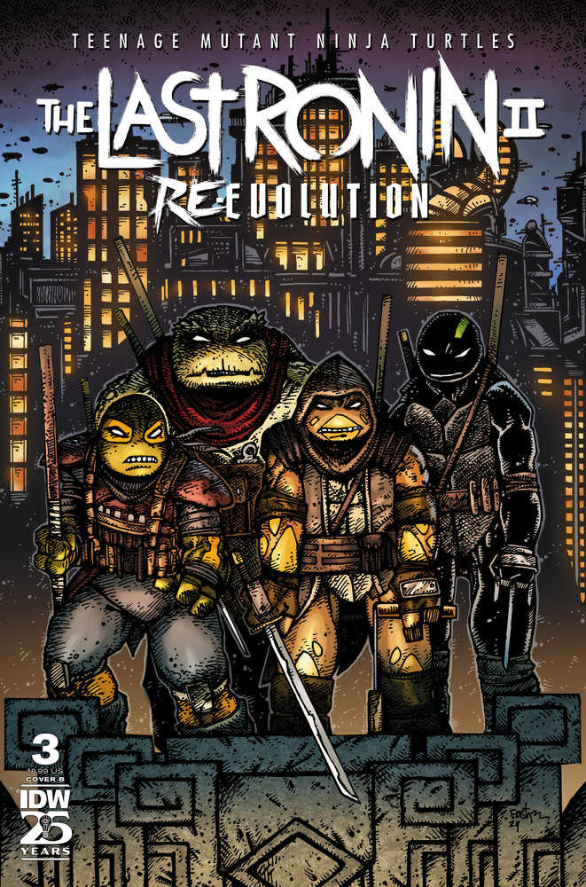 Comic book cover of "Teenage Mutant Ninja Turtles: The Last Ronin II - Re-evolution" with four turtles in tactical gear against a city backdrop.
