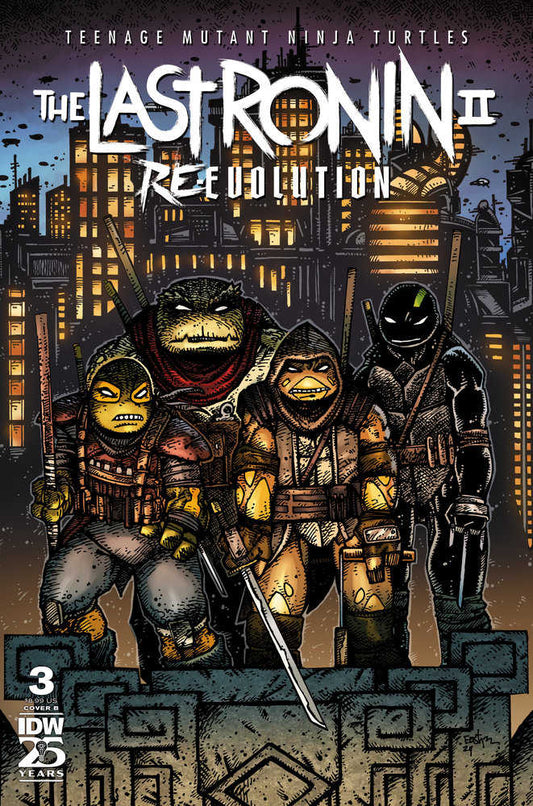 Comic book cover of "Teenage Mutant Ninja Turtles: The Last Ronin II - Re-evolution" with four turtles in tactical gear against a city backdrop.