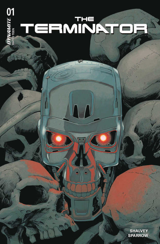 Comic book cover featuring the Terminator's metallic skull surrounded by human skulls.