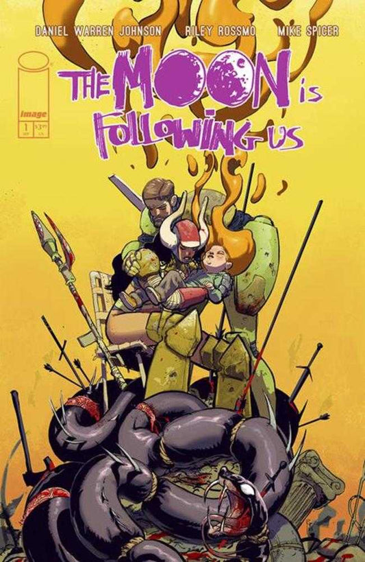 Comic book cover featuring a man, woman, and child on a yellow background with snakes, spears, and swords.