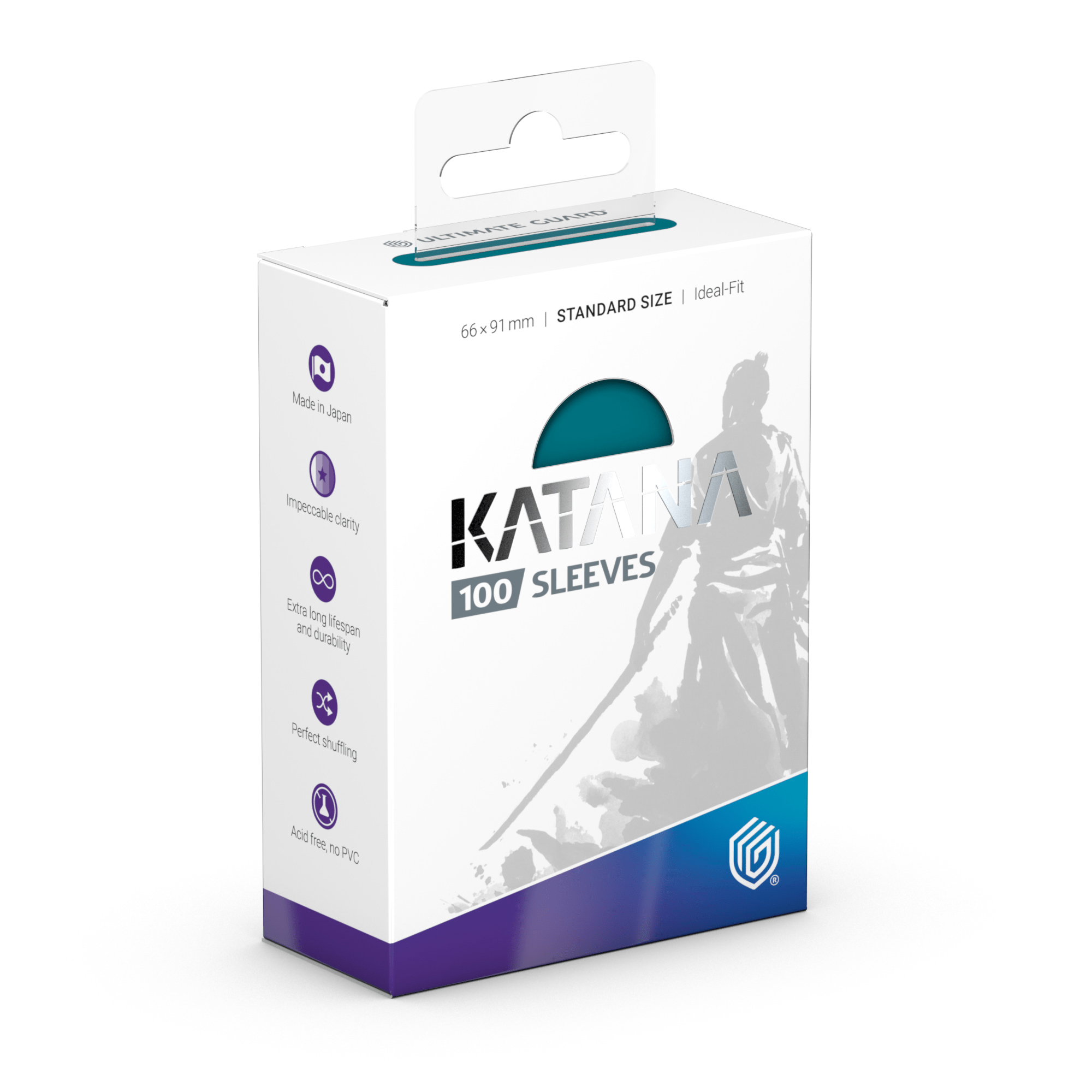 A box of Katana 100 sleeves for trading cards with a samurai image on the front.