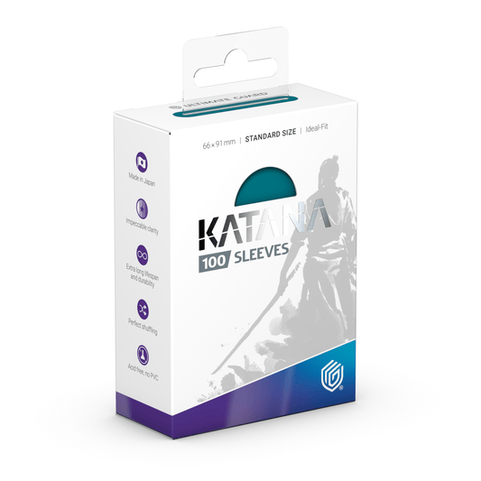 A box of Katana 100 sleeves for trading cards with a samurai image on the front.