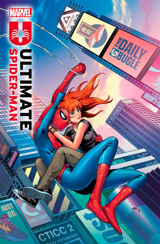 Comic book cover featuring Spider-Man in a superhero costume holding a red-haired woman wearing a black shirt and gray pants, cityscape background with signs including "The Daily Bugle" and corporate logos.