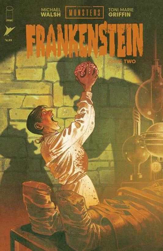 Comic book cover featuring a man in a lab coat holding a brain.