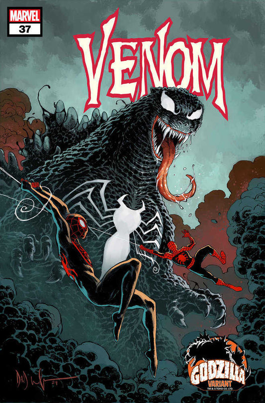 Comic book cover featuring Venom-Godzilla hybrid monster, two Spider-Man figures in mid-air, and Godzilla variant logo.