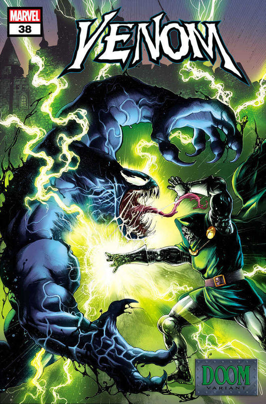 Comic book cover featuring Venom and Doctor Doom. Venom is a large, black, and blue creature with sharp teeth and a long tongue. Doctor Doom is wearing a green and silver costume with a metal mask. They are surrounded by green and yellow lightning.