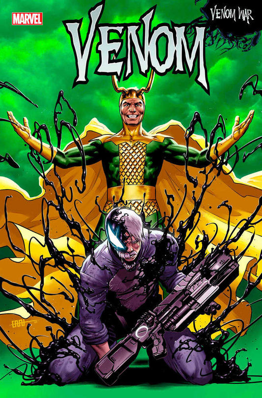 Comic book cover: "Venom War" with Loki standing in the background and a partially Venomized man kneeling in the foreground with a large gun.