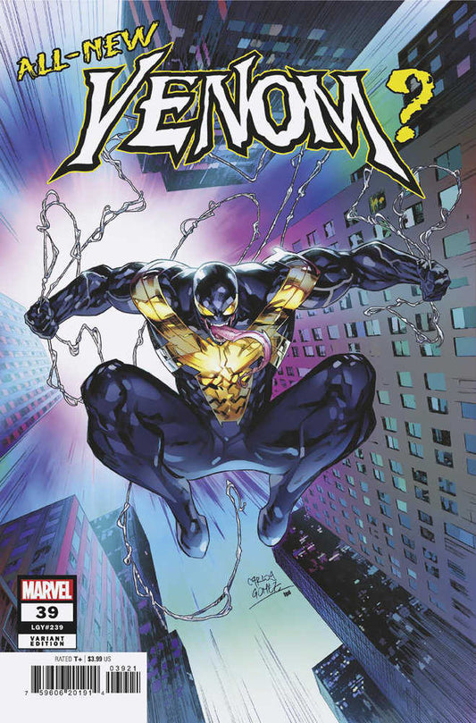 Comic book cover for "All-New Venom?" featuring the titular character in a black and gold suit, crouching mid-air against a backdrop of tall buildings and with the character's signature webs.