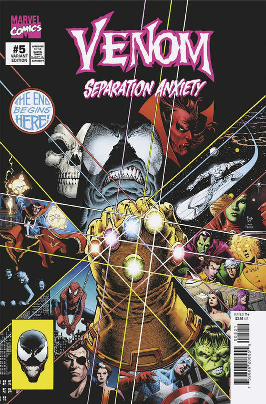 Comic book cover featuring Venom, Thanos's Infinity Gauntlet, and several Marvel superheroes.
