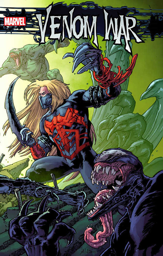 Comic book cover titled "Venom War" with a blonde-haired character in a black and red suit wielding a claw and blade, surrounded by monstrous figures.