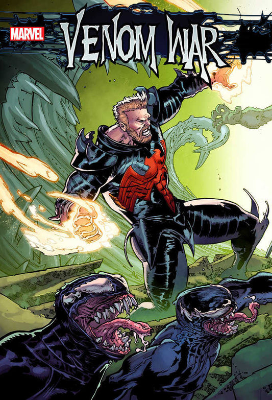 Comic book cover: Man in black and red suit with glowing fists battling Venom creatures.