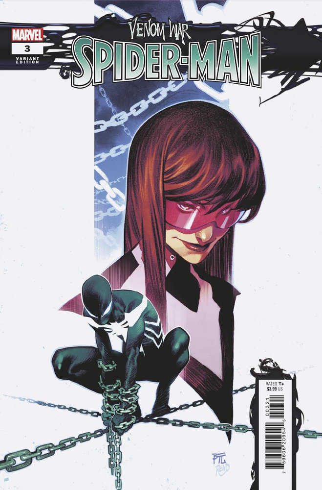 Comic book cover: Venom War, Spider-Man. Features a character with brown hair and pink goggles behind a black Spider-Man crouching in chains.