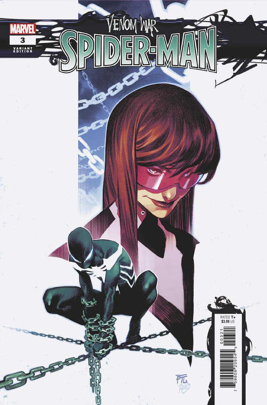 Comic book cover: Venom War, Spider-Man. Features a character with brown hair and pink goggles behind a black Spider-Man crouching in chains.
