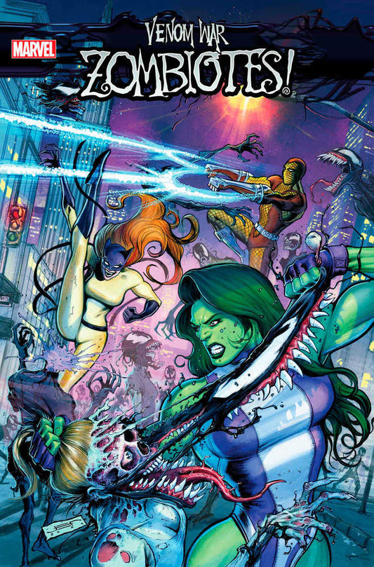 Comic book cover: "Venom War Zombietes!" features She-Hulk wielding a grotesque, Venom-like weapon, slicing into a zombified woman. Other heroes, including Tigra and Shocker, battle amidst a swarm of zombies in a cityscape.