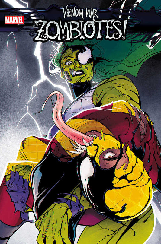 Comic book cover of "Venom War: Zombiotes!" featuring two zombie-like characters with Venom symbiote elements. One character, with green skin and hair, holds another with yellow and black features, while lightning strikes in the background.